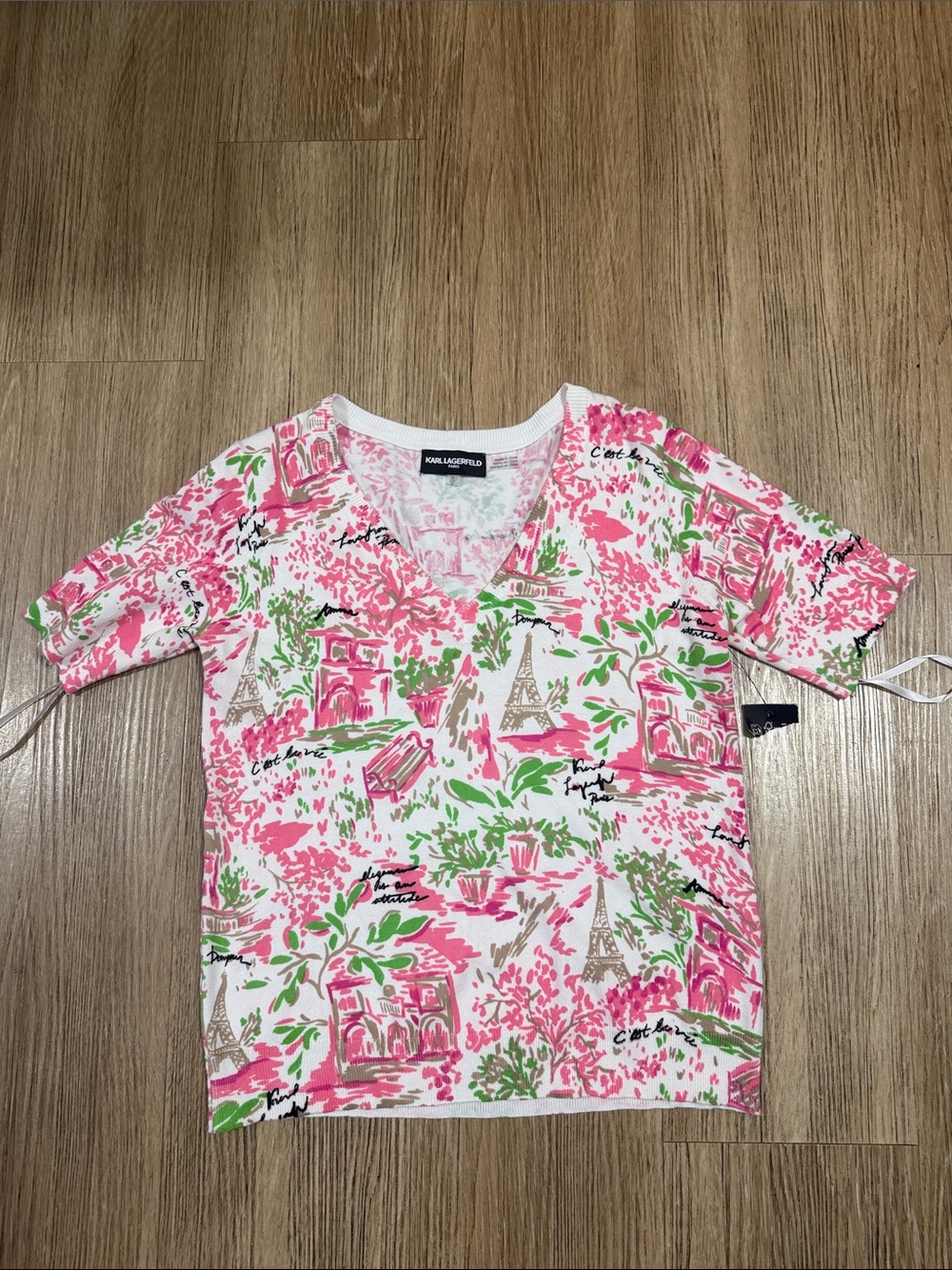 Karl Lagerfeld Pink, White & Green Paris Motif V-Neck Tee S